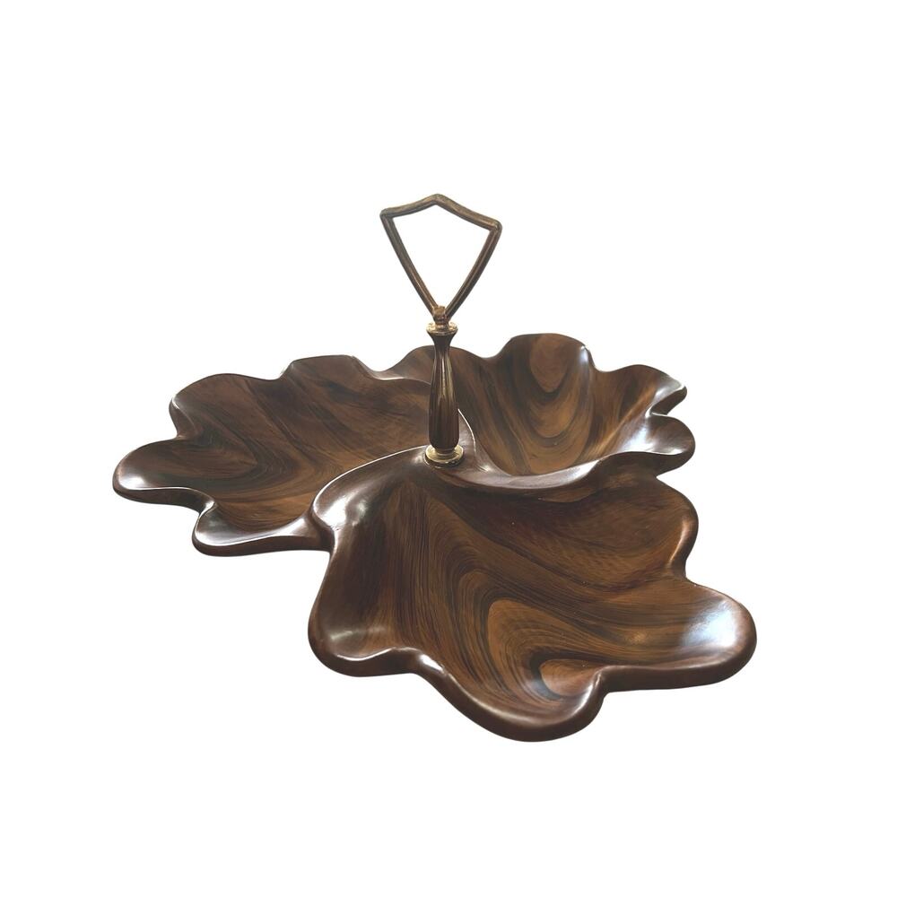 Vtg Cal-Orig 305 California Pottery Tiered MCM Faux Wood Swirl Tidbit Snack Tray